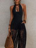 Black Textured Cotton Halter Deep V-neck Smocked Waist Lace Sheer Lantern Jumpsuit