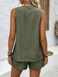 Women's Casual Solid-color Cotton-linen Cardigan Vest And Shorts Set