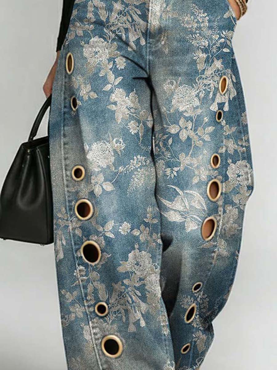 Women's Retro Floral Art Print Casual Stylish Hollow Denim Pants