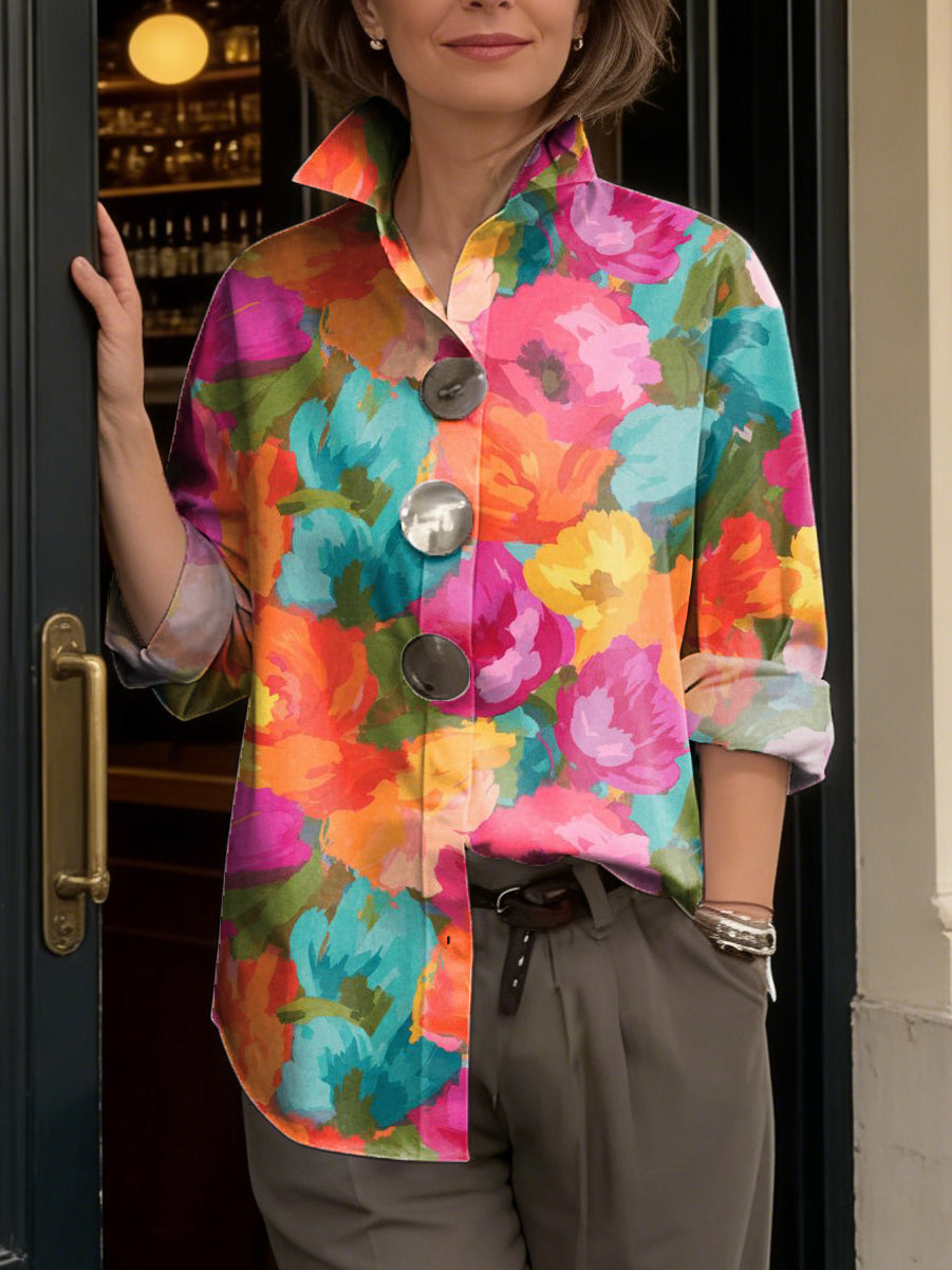 Artistic Watercolor Botanical Print Shirt — Loose-fit, Breathable Top With Large Buttons And 3/4 Sleeves (versatile Style)