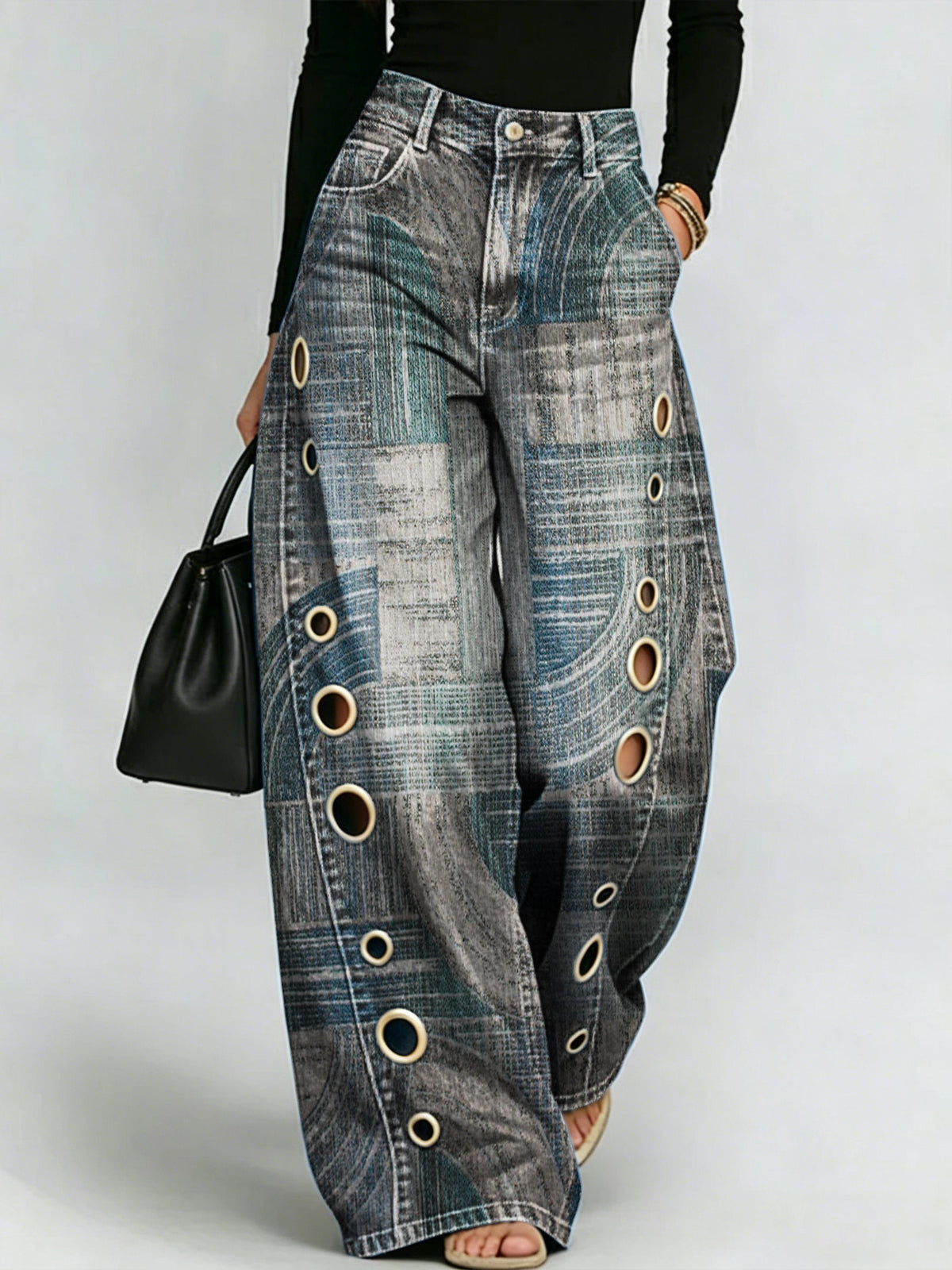 Abstract Geometric Print, Perforated Metal Detail, Draped Wide-leg Jeans