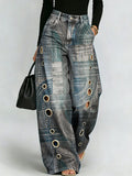 Abstract Geometric Print, Perforated Metal Detail, Draped Wide-leg Jeans
