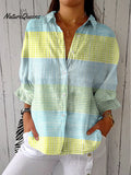 Women's Vintage Abstract Geometry Art Print Casual Linen V-neck Shirt