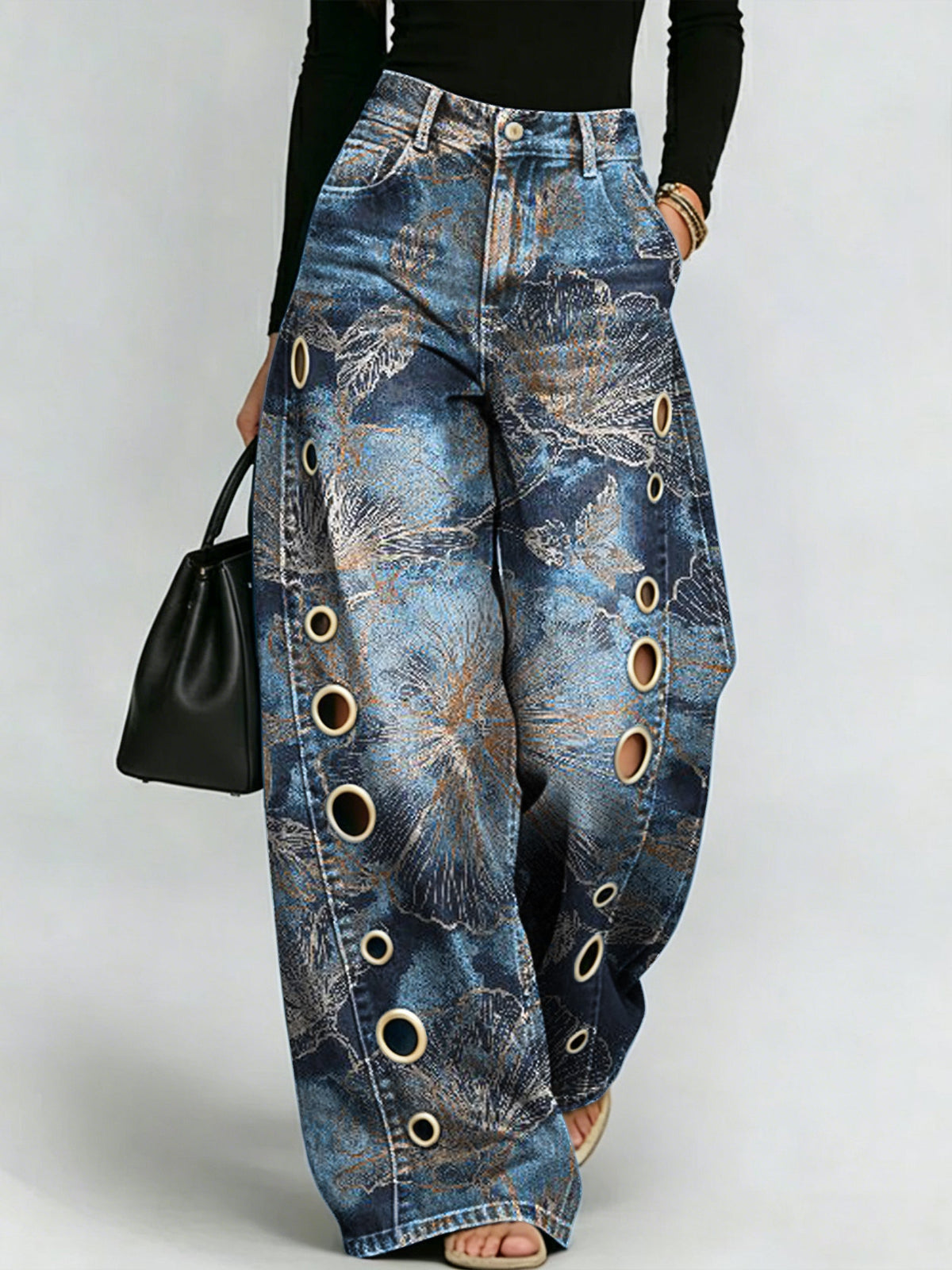 Printed Curved-leg Jeans With Metal Ring Accents