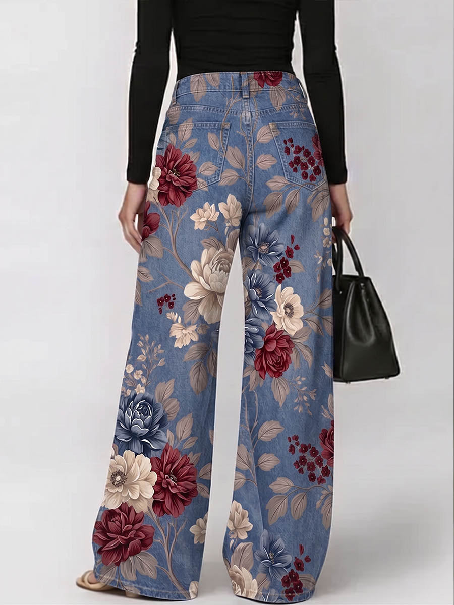 Women's Retro-print High-waisted Wide-leg Jeans