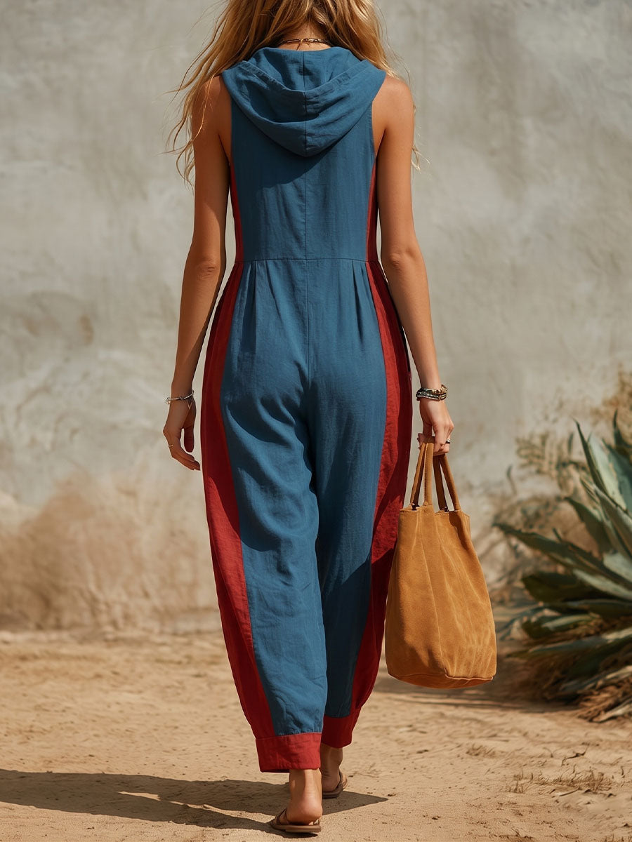 Women's V-neck Sleeveless Casual Loose-fit Hooded Wide-leg Jumpsuit