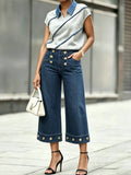 High-waisted, Gold-buttoned, Wide-leg Cropped Jeans