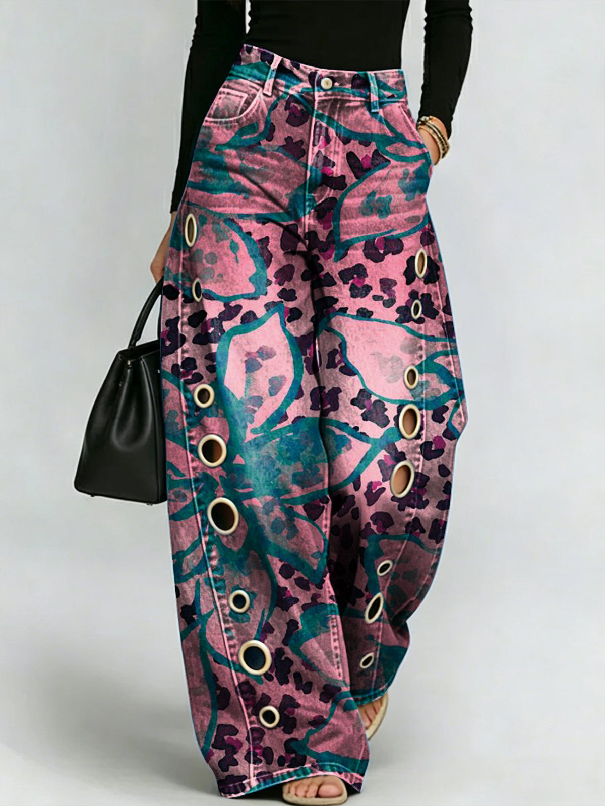 Retro Distressed Leopard & Floral Tie-dye Print Wide-leg Pants | High-waisted, Slimming Straight-leg Jeans With Side Slits