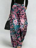 Retro Distressed Leopard & Floral Tie-dye Print Wide-leg Pants | High-waisted, Slimming Straight-leg Jeans With Side Slits
