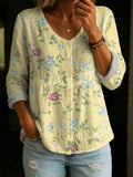 Pastoral-style Floral & Bird Print Shirt — Loose-fit, Breathable V-neck Top With 3/4 Sleeves (versatile Style)