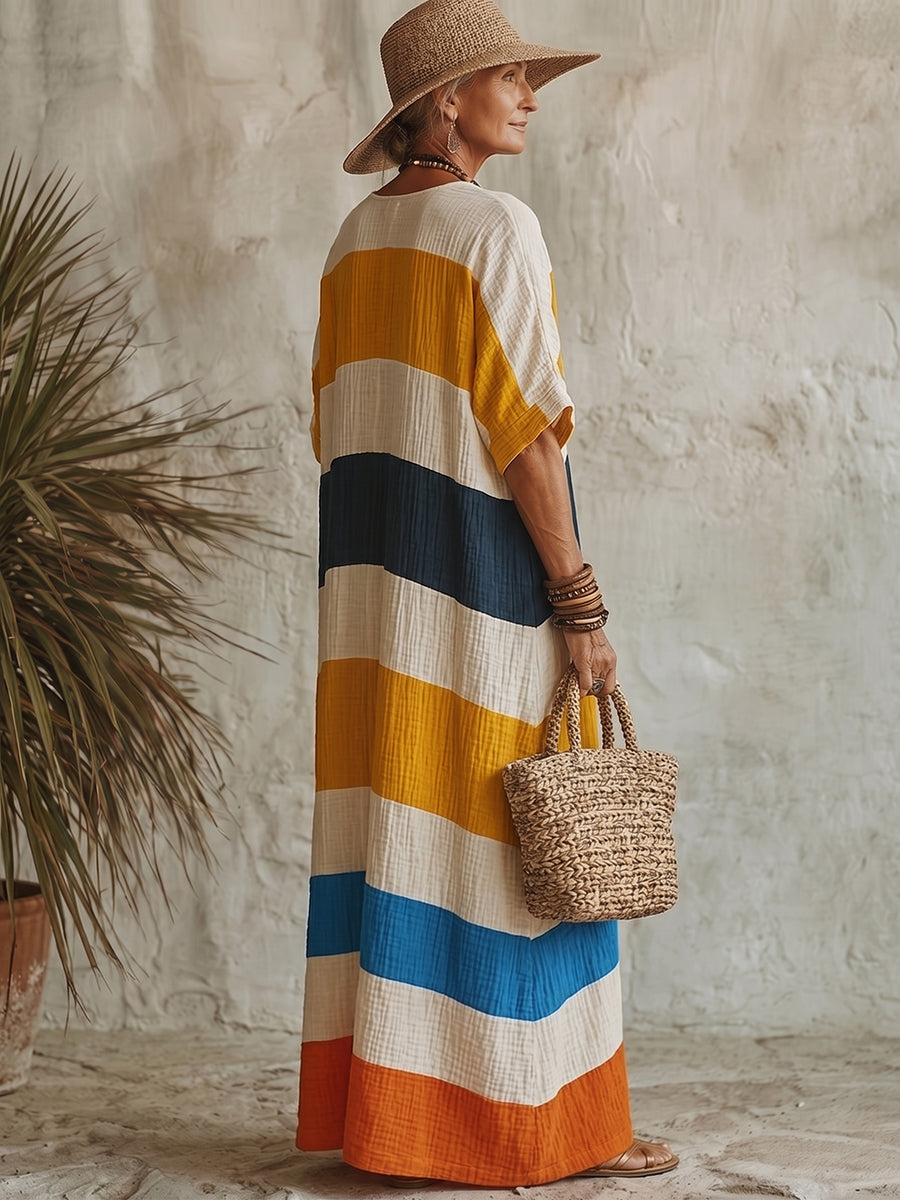 Artistic Vacation Rainbow-striped Cotton-linen Dress