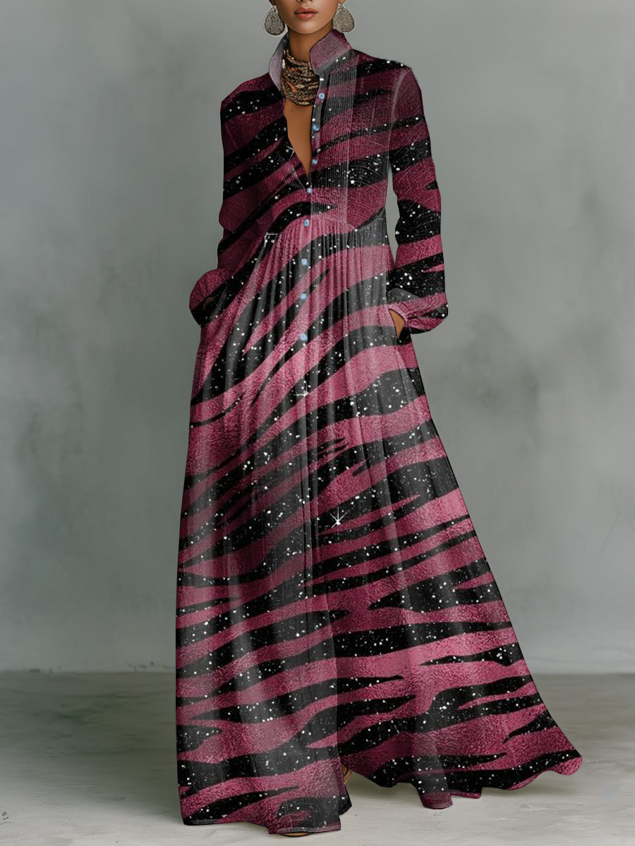 Zebra-print Stand-collar Single-breasted Long Shirt Dress
