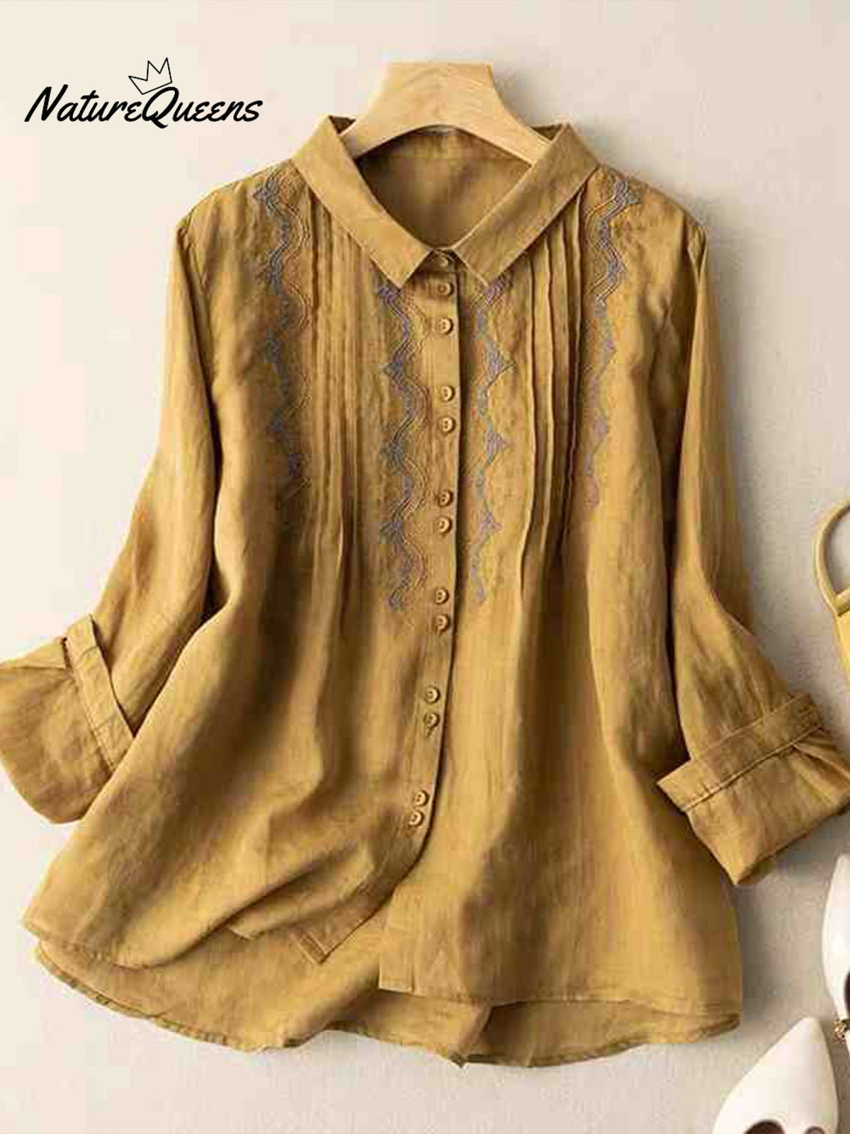 Women‘s Vintage Embroidered Loose Linen Shirt