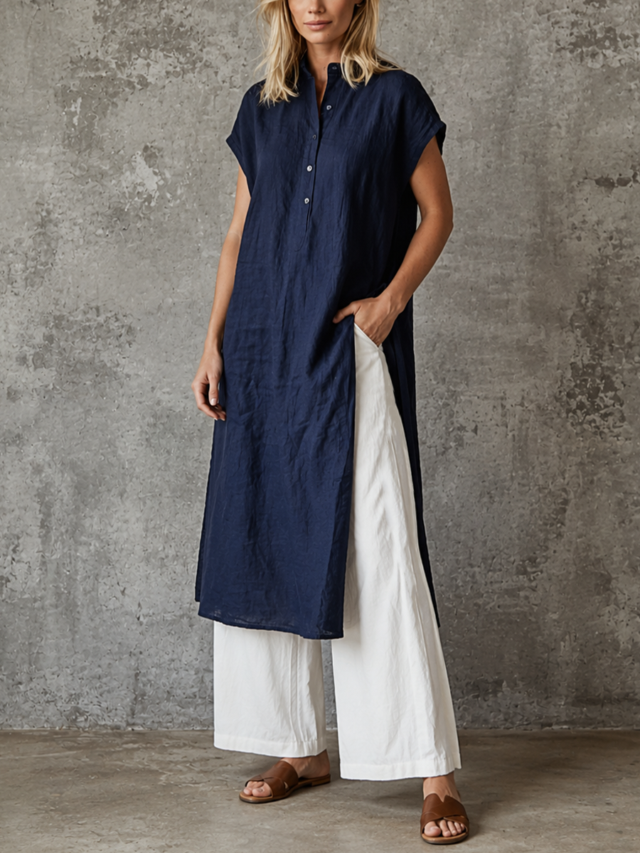 Women's Simple Navy Blue Linen-cotton Half-placket Long Shirt & White High-waisted Wide-leg Linen-cotton Trousers Set