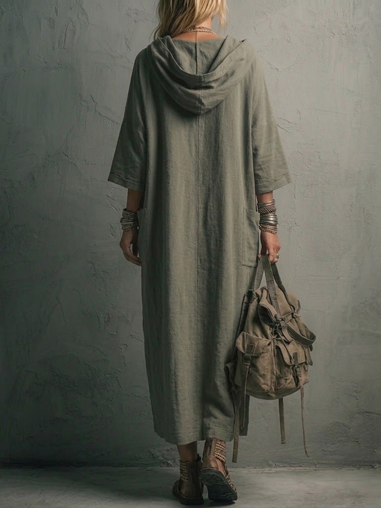 Loose And Cozy Linen-cotton Hooded Dress