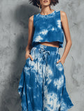 Blue Tie-dye Sleeveless Crop Top + Asymmetric Wide-leg Pants Set