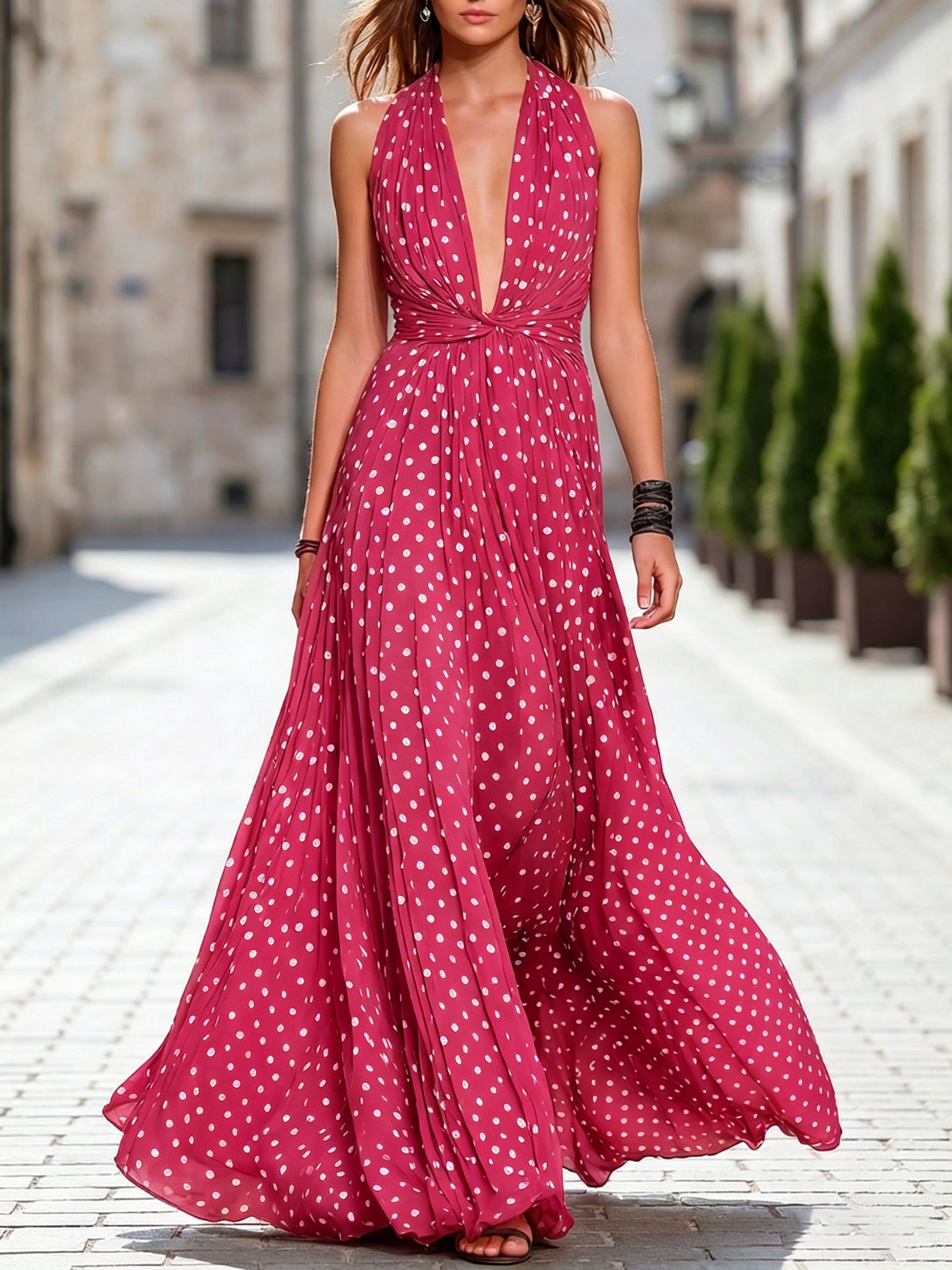 Retro Polka-dot Halter-neck Deep V-neck Pleated Maxi Dress