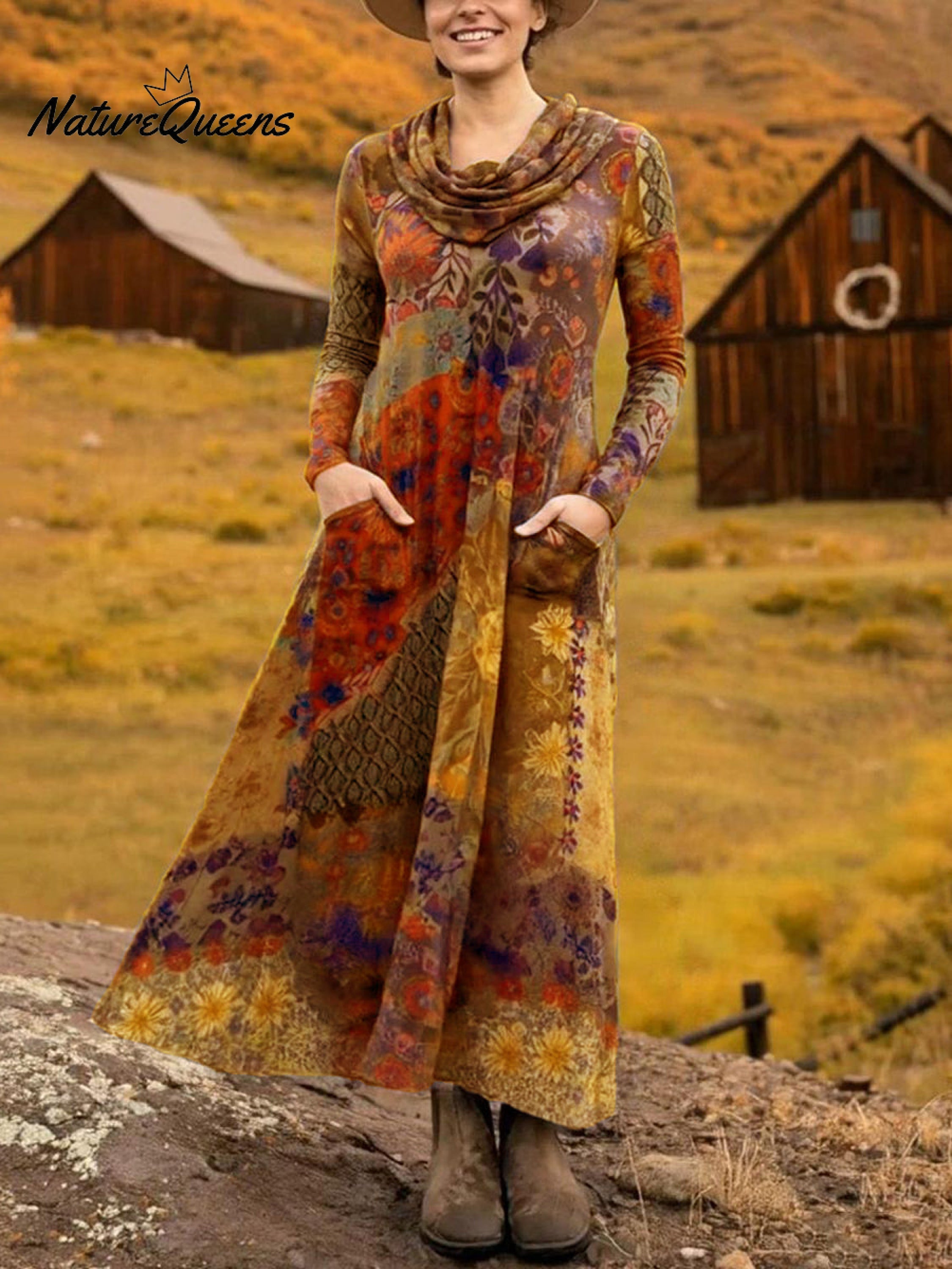 Women's Boho Boat-Shaped Collar Floral Print Stretch Dress