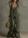 Women's Casual Bohemian V-neck Short Sleeve Ruffle Vintage Dress