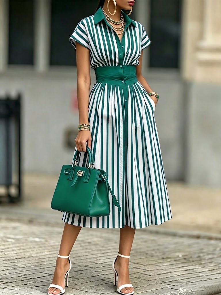 Casual Striped Cotton Shirt Dress