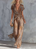 Women's Leopard Print V-neck Short-sleeve Casual Loose Chiffon Jumpsuit