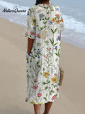 Women's Vintage Lovely Floral Art Print Casual Pocket Linen Dress（Convertible Dress With Front And Back Option）