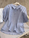 Women's Solid-color Collared Short-sleeve Casual Loose Cotton-linen Top