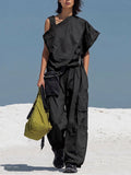 Women's Solid-color Cotton Two-piece Set: Asymmetrical-sleeve Loose-fit Top & Elastic-waist Wide-leg Pants