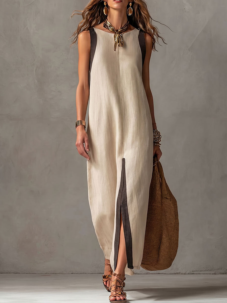 Women's Elegant-line Round-neck Sleeveless Front Slit Dress