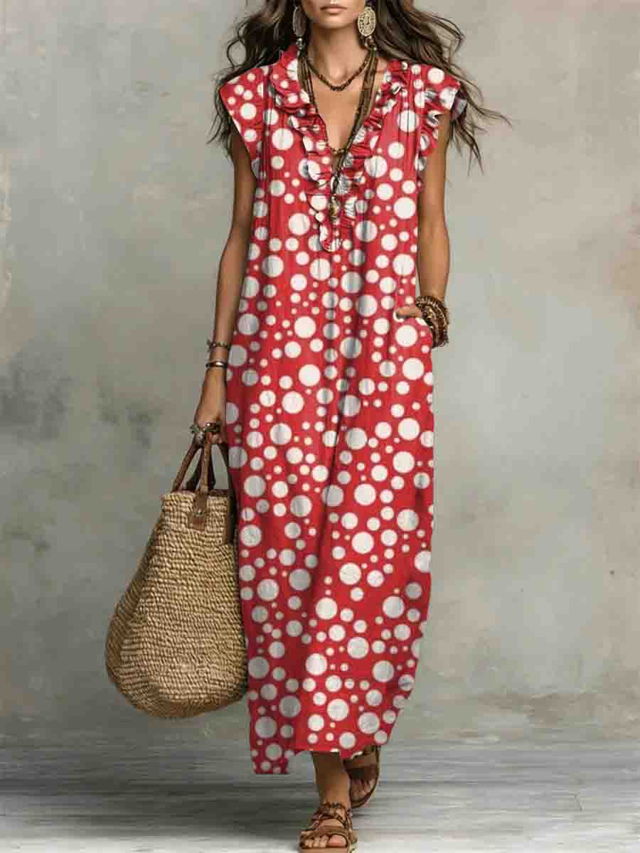 Women's Retro Polka Dots Pattern Art Print Casual Ruffled Stylish Cotton Linen Dress