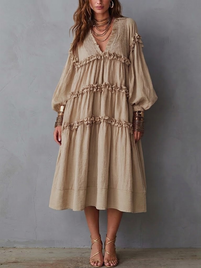 Stylish Ruffled Lantern-sleeve Linen And Cotton Dress