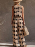 Women's Plaid-print V-neck Sleeveless Casual Loose Cotton-linen Top & Elastic-waist Wide-leg Pants Set