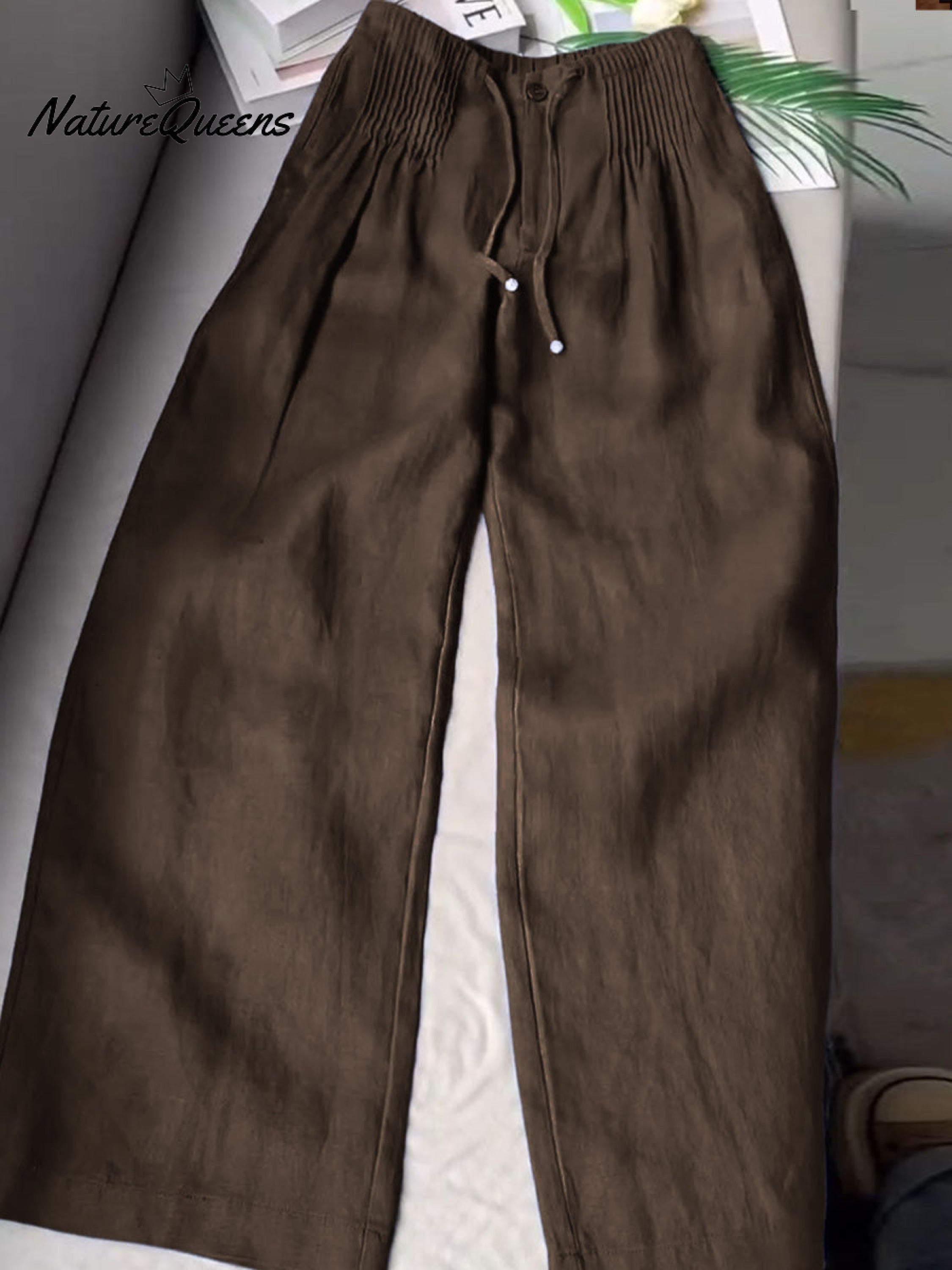 🔥Limited time promotion Women's Solid Color Pleated Drawstring Casual Cotton and Linen Wide Leg Pants