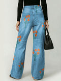 Elegant Floral Bouquet Decorative Pattern Women's Casual Cotton Denim Pants