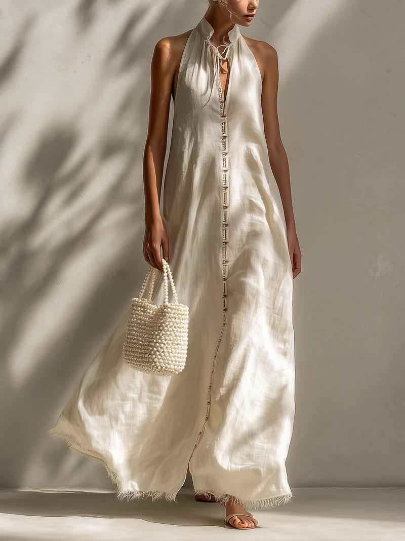 Casual Sleeveless Linen And Cotton Dress With Fringes
