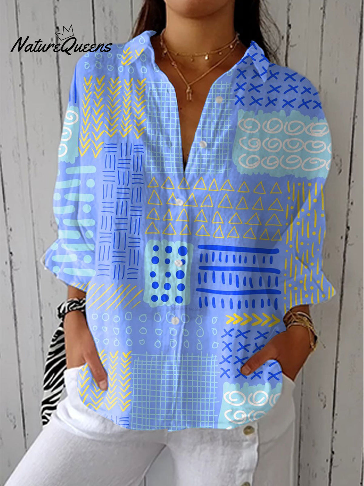 Women'sVintage Abstract Geometry Art Print Casual Linen V-neck Shirt