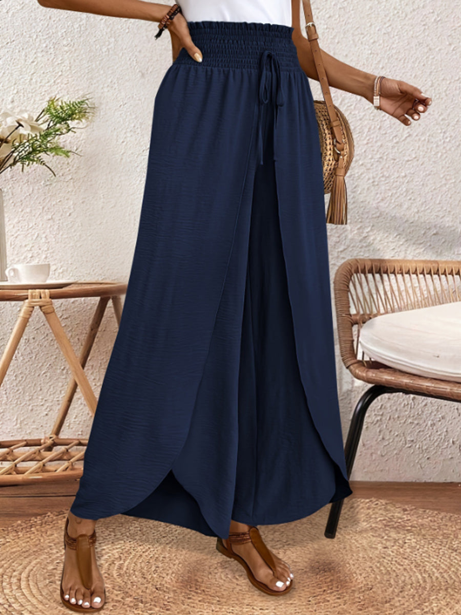 Women's Elegant Casual Trousers — Loose Fit, Elastic Waist, Cuffed Hem, Lightweight & Breathable, With Split Ankles