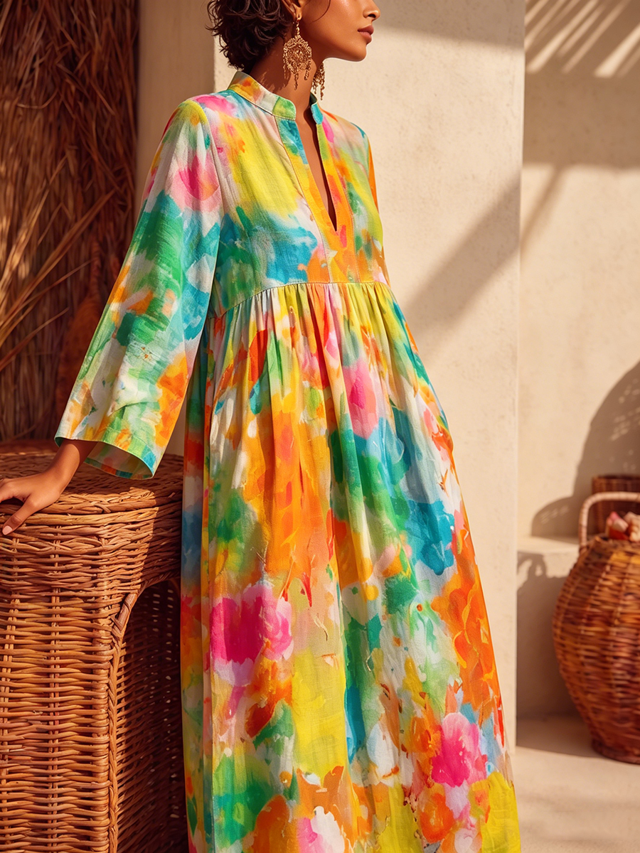 Romantic Watercolor Print Cotton-linen Maxi Dress