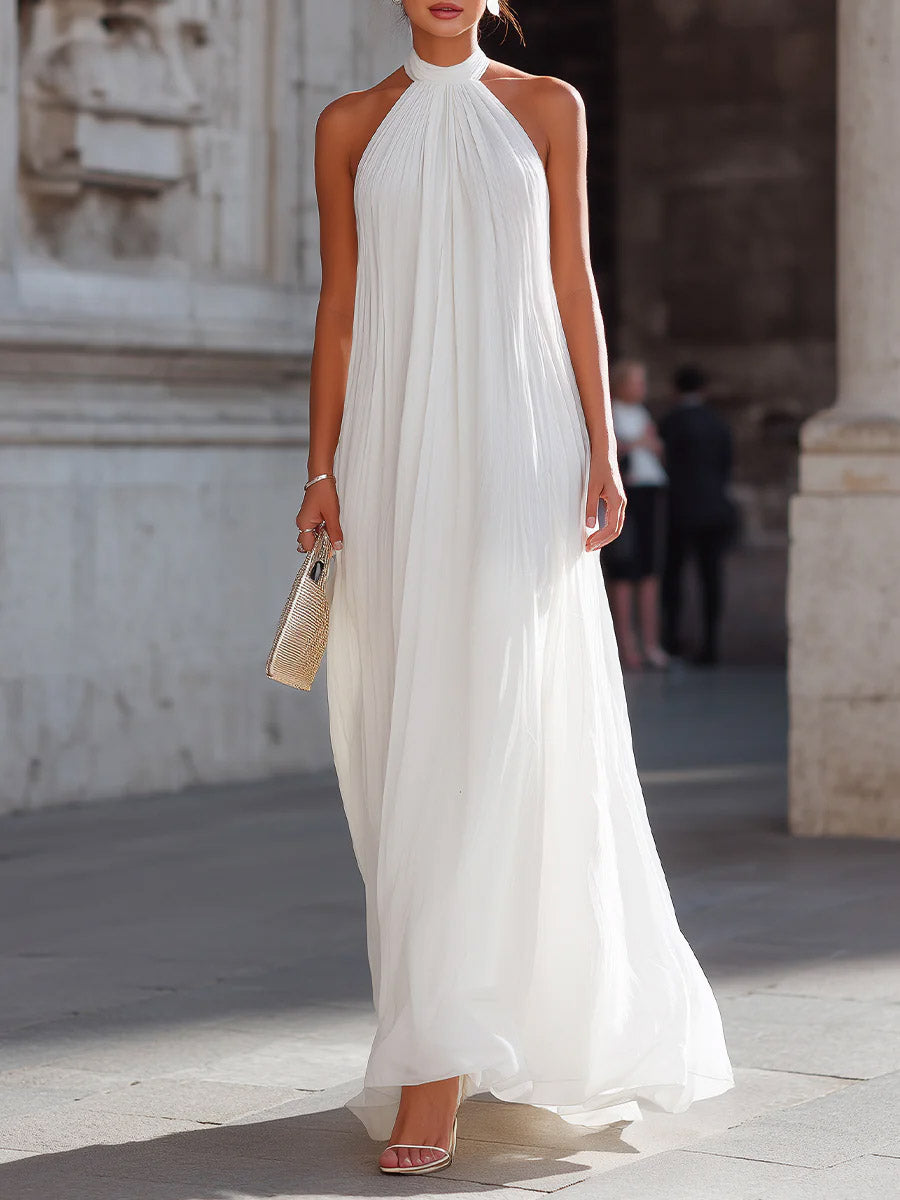 Women's Solid-color Stand-collar Sleeveless Loose-fit Casual Chiffon Dress