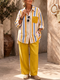 Cozy Striped Color-block Shirt & Pants Two-piece Set