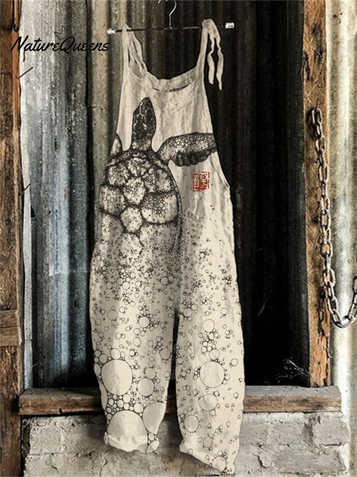 Sea Turtle Japanese Lino Art Linen Blend Jumpsuit