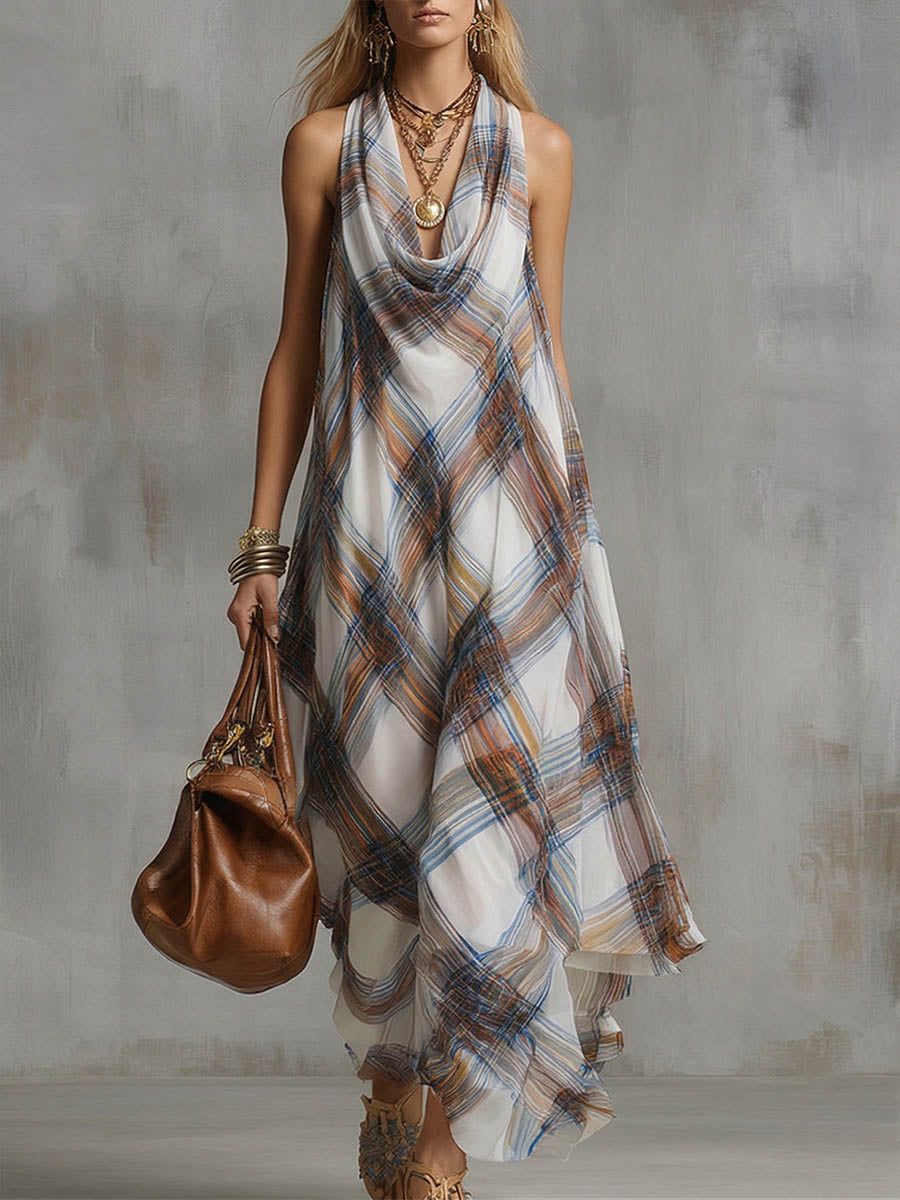 Women's Casual Loose-fit Sleeveless Cowl-neck Plaid Print Dress