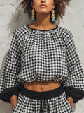 Black & White Houndstooth Balloon Sleeve Crop Top & Harem Pants Set