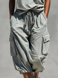 Light Gray Washed Cotton Crew Neck Sleeveless Tank Top & Drawstring Elastic Waist Multi-pocket Cargo Cropped Pants Set