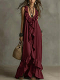 Women's Casual Bohemian V-neck Short Sleeve Ruffle Vintage Dress