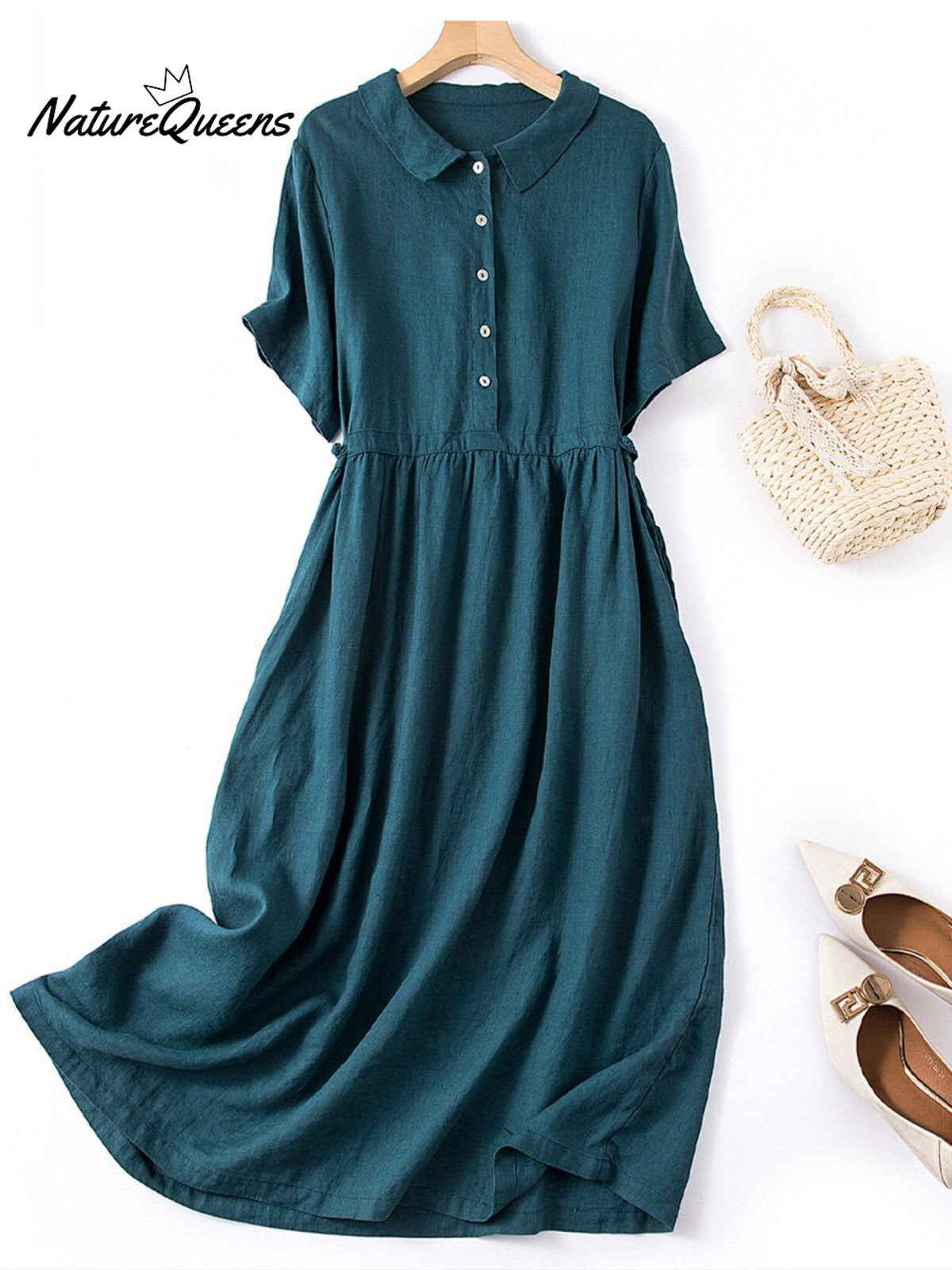Women's Spring and Summer Short Sleeve Shirt Collar Retro Dress