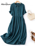 Women's Spring and Summer Short Sleeve Shirt Collar Retro Dress