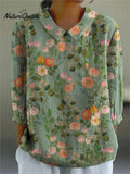 Women's Retro Floral Print Casual Cotton And Linen 3/4 Sleeve Shirt
