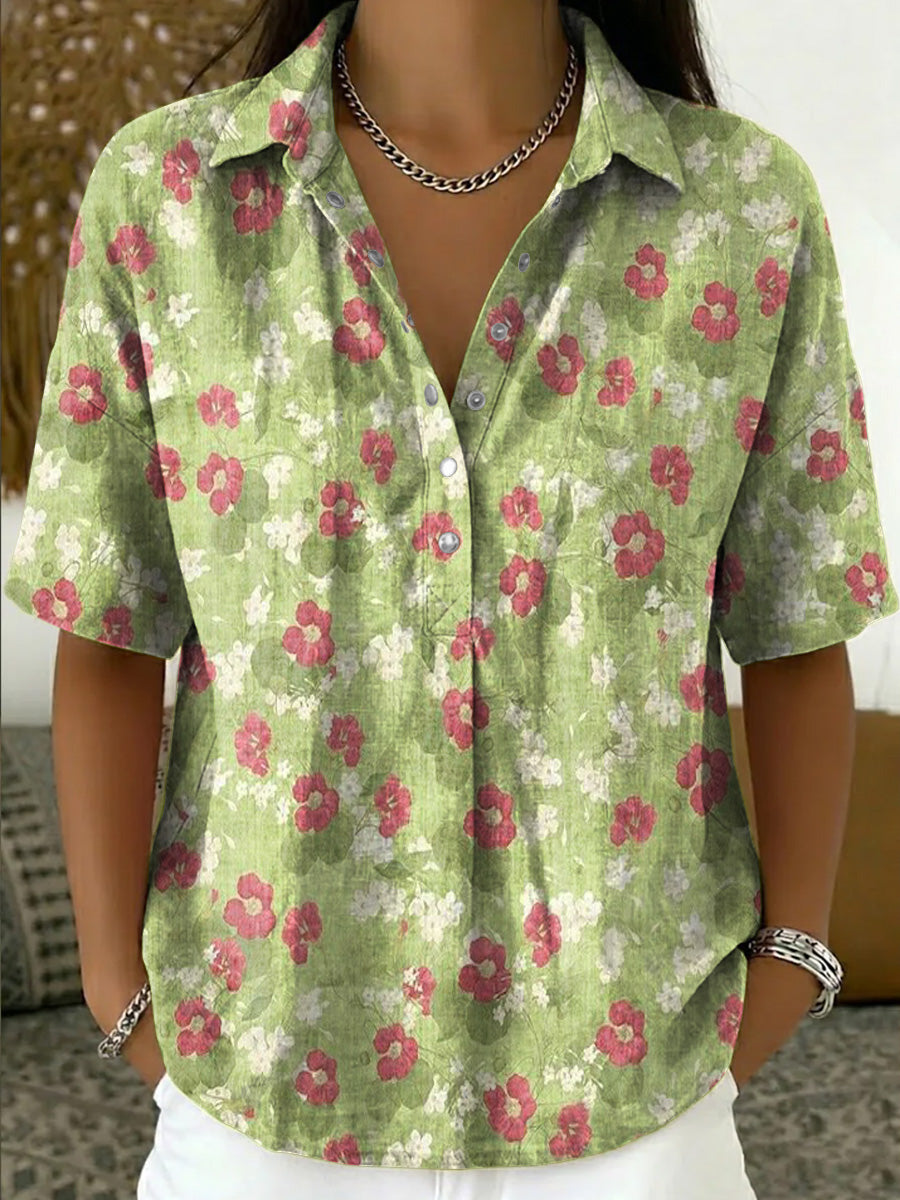 Women's Retro Botanical Print Casual Short-sleeve Linen-cotton Shirt With Polo Collar