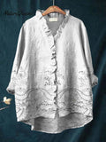 Women's Vintage Floral Art Print Casual Cotton And Linen Ruffle Shirt
